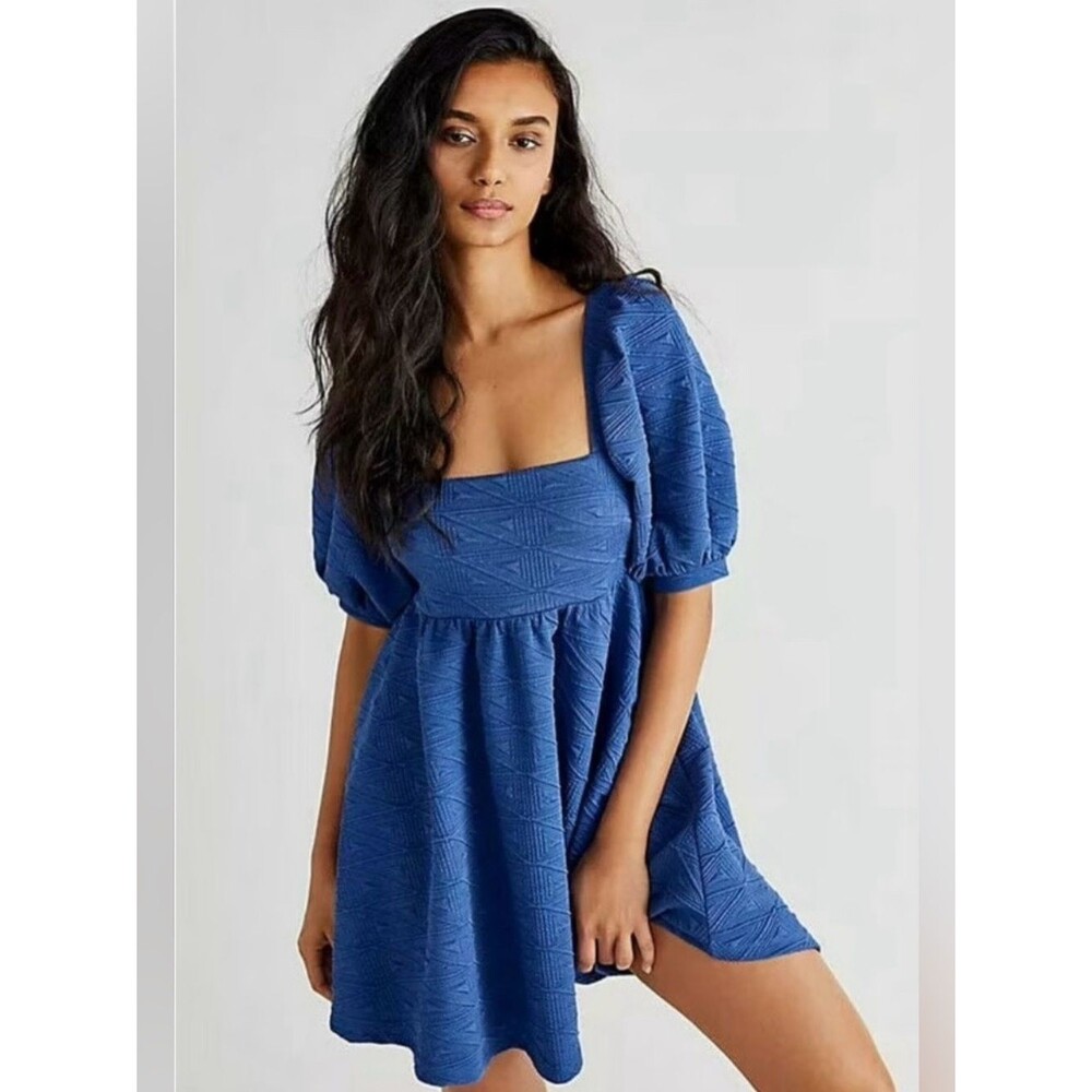 Free People Violet Mini Dress Womens L Blue Textured Puff Sleeve Tie Back $108
